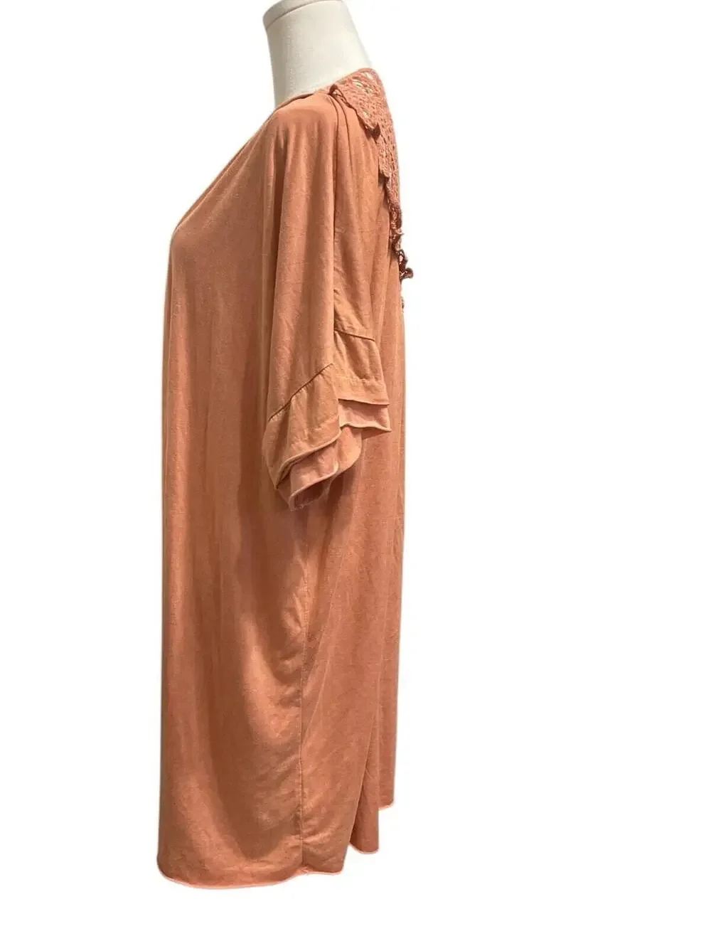 KORI AMERICA Cardigan M Peach Boho Crochet Back Open Front Kimono Preloved - A9